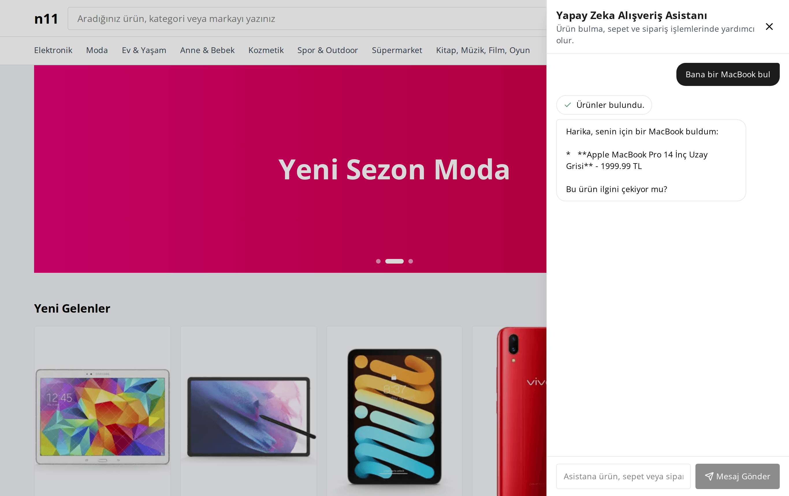 The AI shopping assistant — a Turkish chat reply with a tool-use chip and a MacBook product result