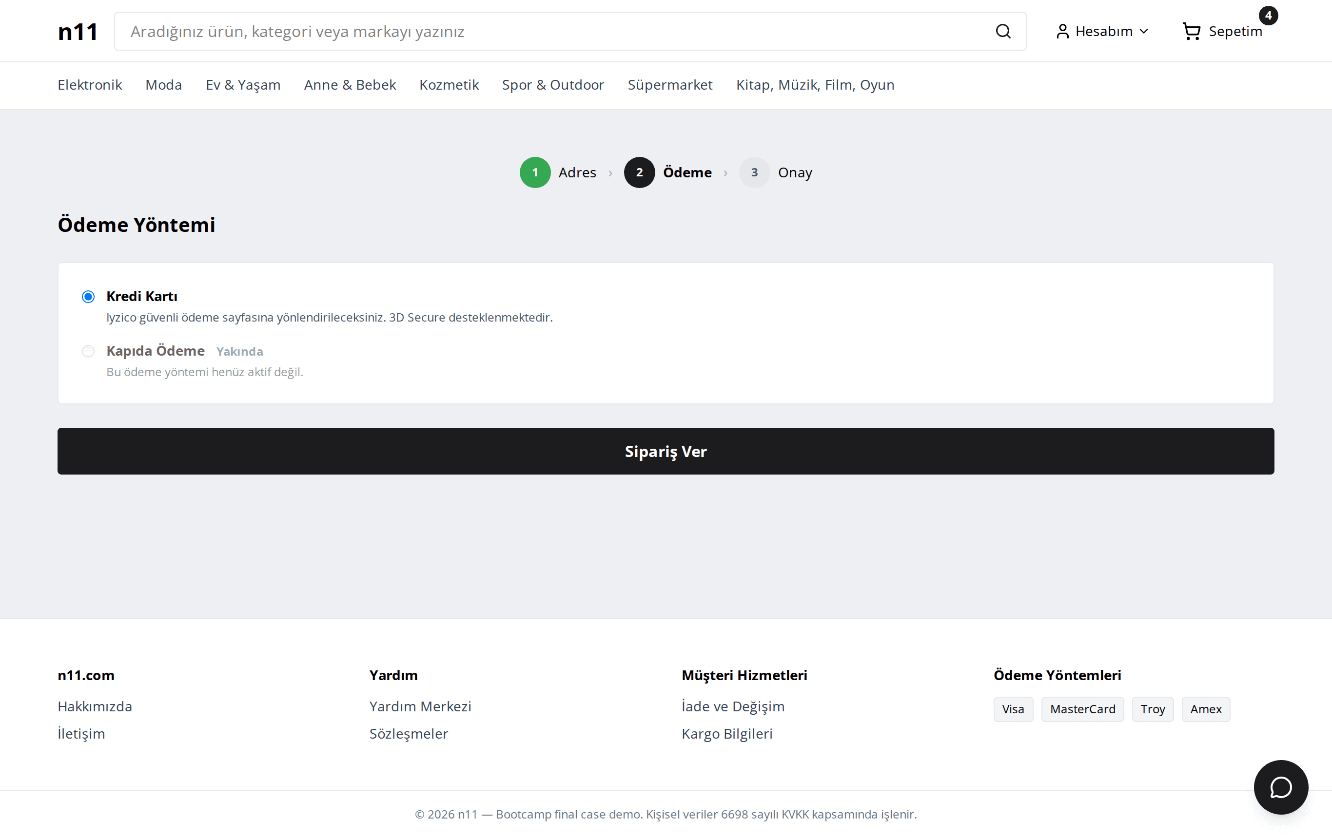 The multi-step checkout at the payment step — Iyzico credit-card payment with 3D Secure