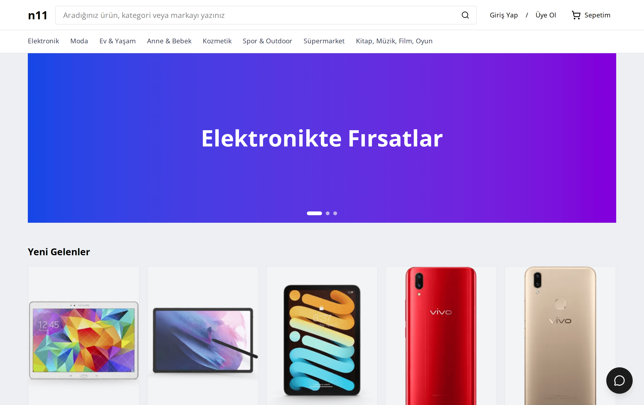 The finished n11 clone storefront — Turkish UI, hero carousel, and product grid